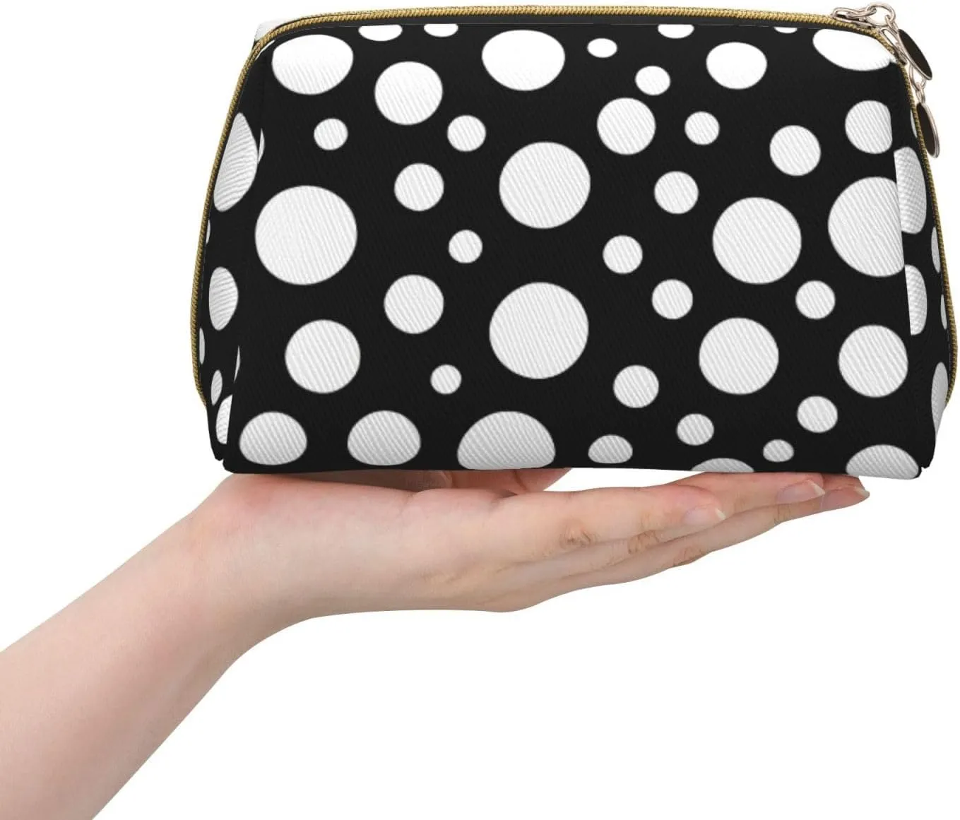 Black White Polka Dot Leather Toiletry Organizer Bag, Travel-Friendly Makeup Pouch For Women