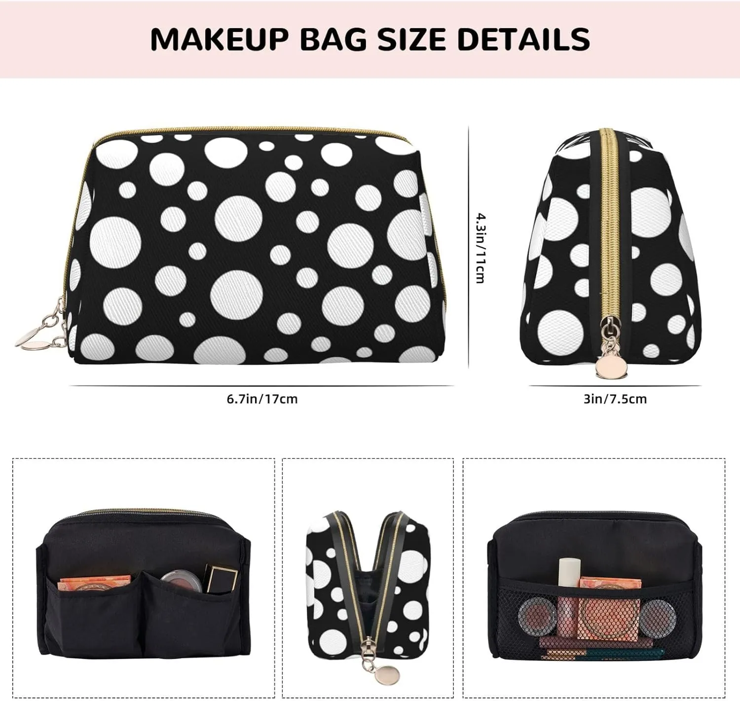 Black White Polka Dot Leather Toiletry Organizer Bag, Travel-Friendly Makeup Pouch For Women