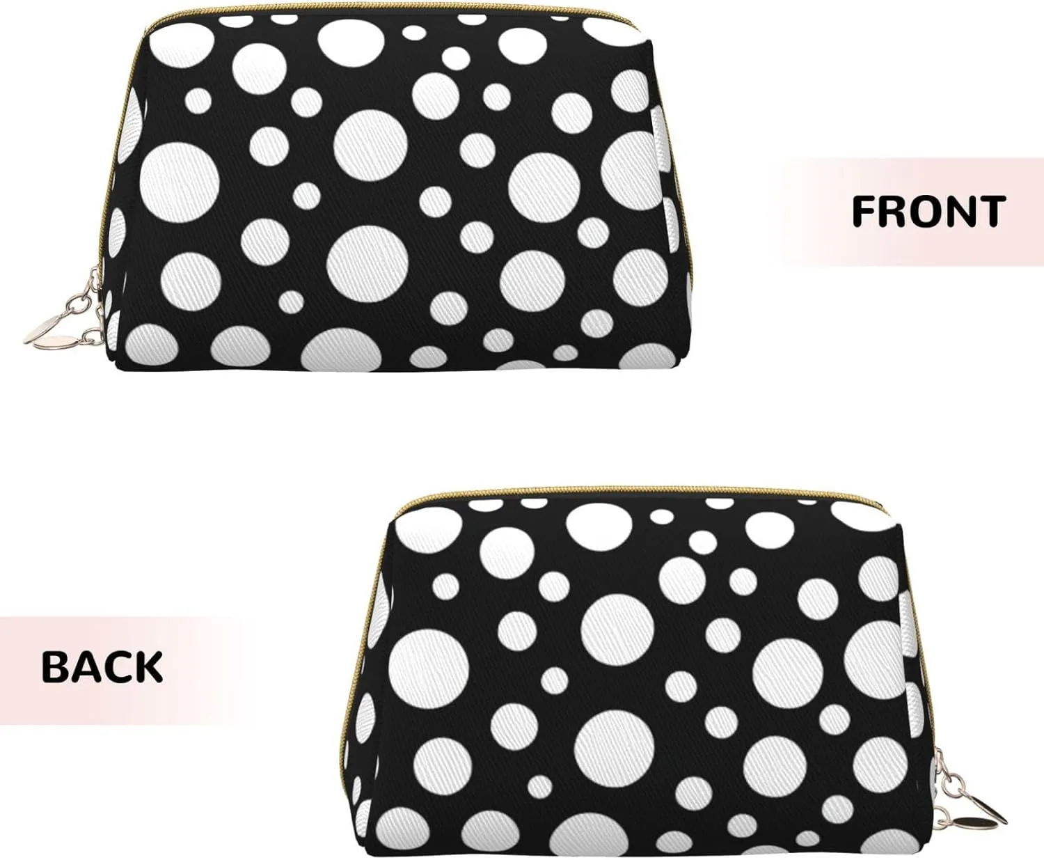 Black White Polka Dot Leather Toiletry Organizer Bag, Travel-Friendly Makeup Pouch For Women