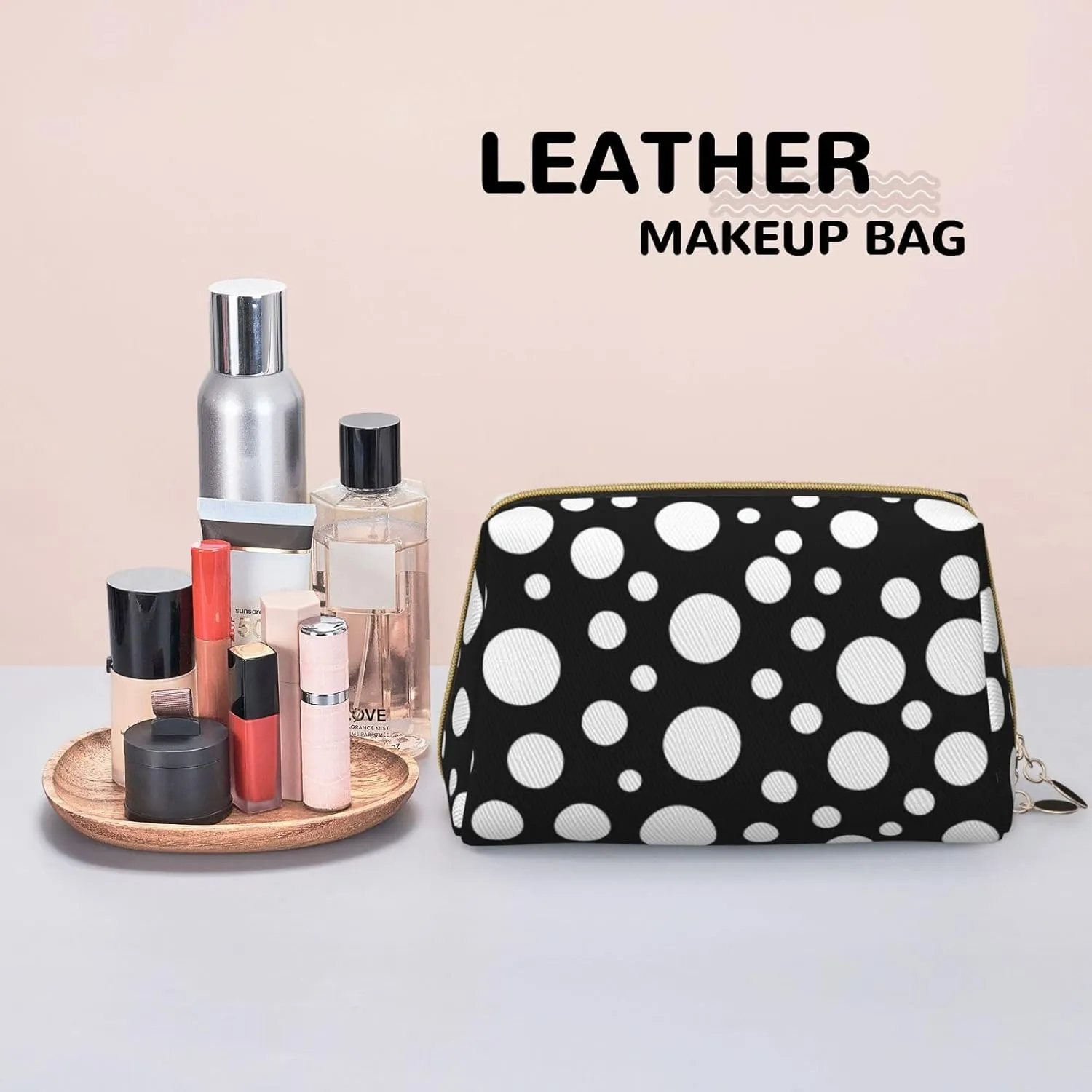 Black White Polka Dot Leather Toiletry Organizer Bag, Travel-Friendly Makeup Pouch For Women