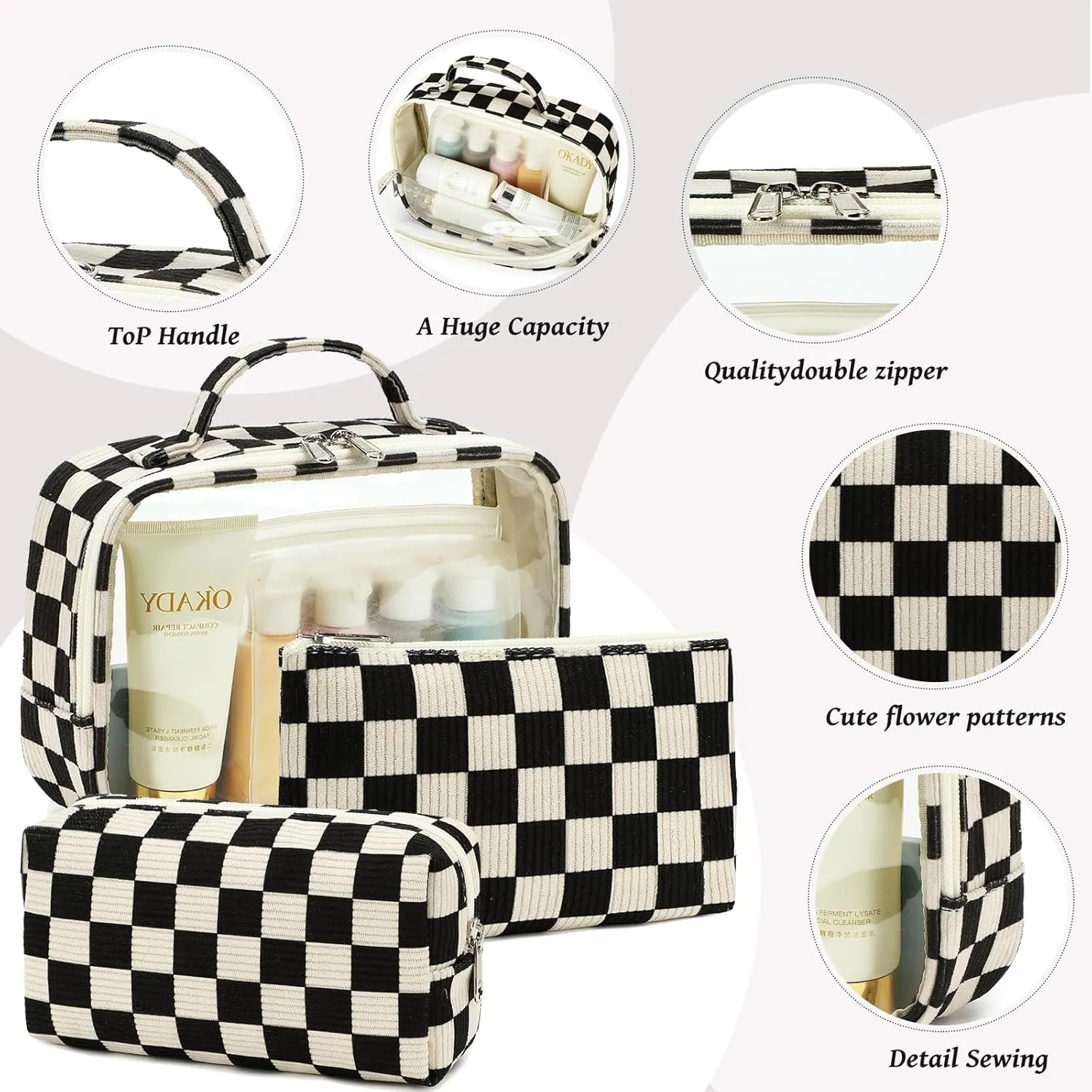 Bluboon 3Pcs Makeup Toiletry Bag for Women, Clear Packing Cubes Cosmetic Bag for Travel Women With Zipper Travel Essentials (Corduroy Black White Checkered)
