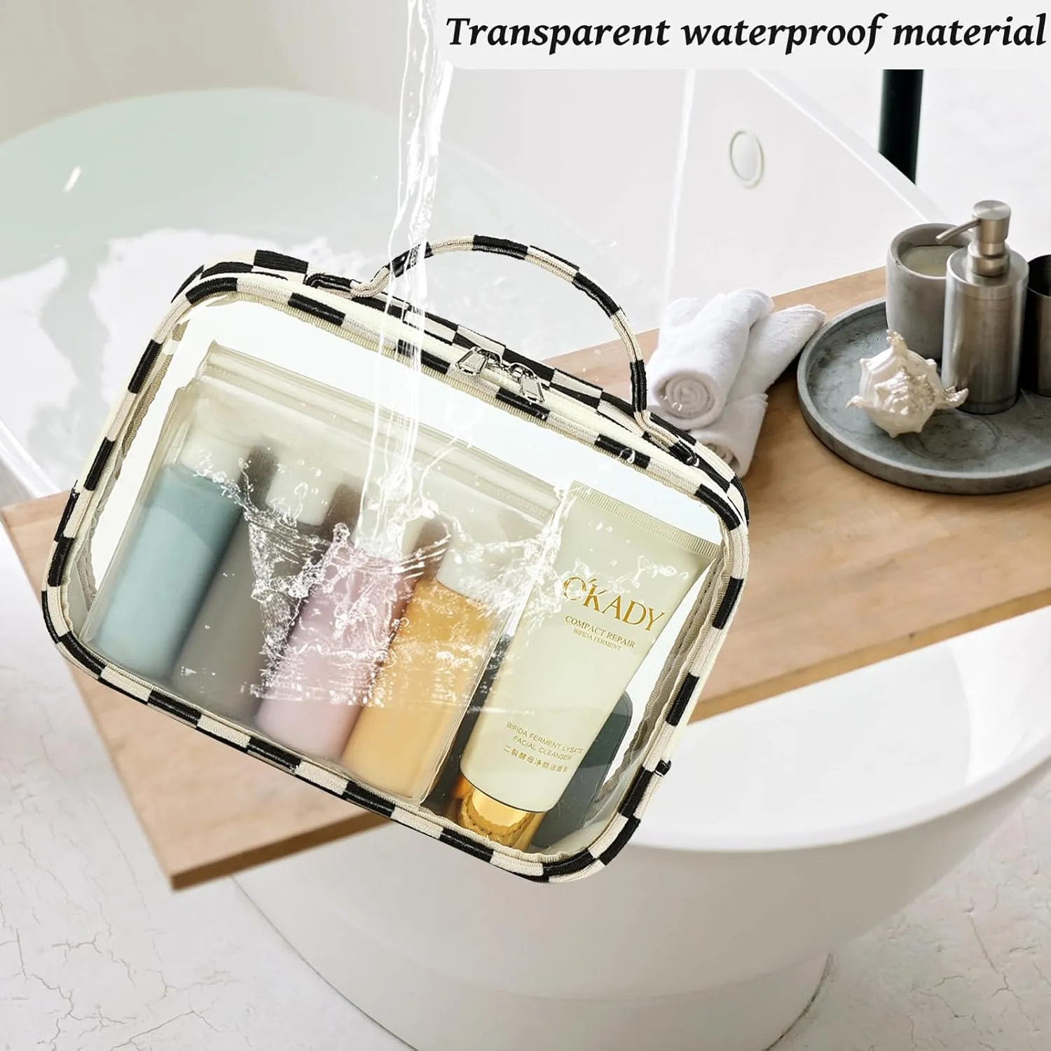Bluboon 3Pcs Makeup Toiletry Bag for Women, Clear Packing Cubes Cosmetic Bag for Travel Women With Zipper Travel Essentials (Corduroy Black White Checkered)