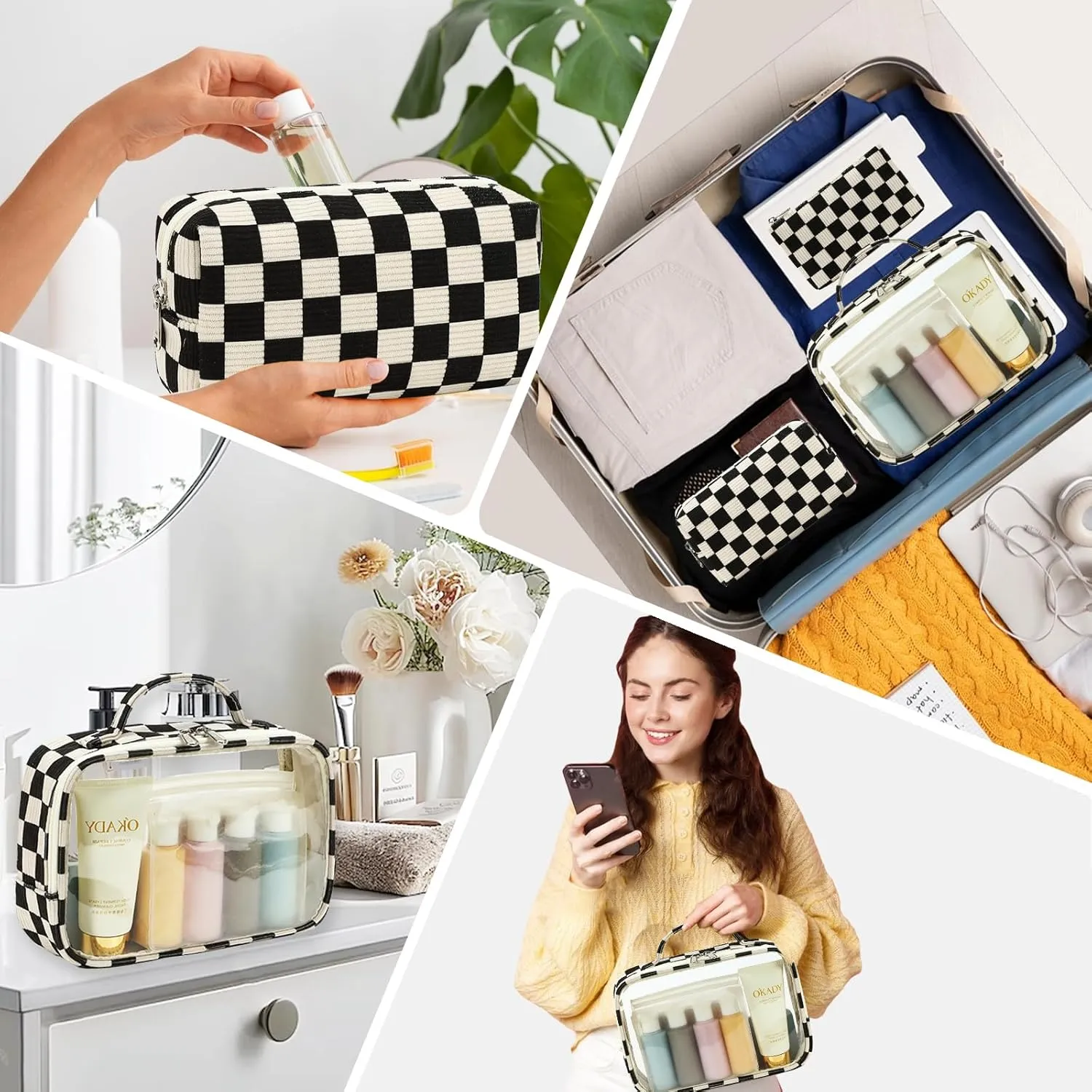 Bluboon 3Pcs Makeup Toiletry Bag for Women, Clear Packing Cubes Cosmetic Bag for Travel Women With Zipper Travel Essentials (Corduroy Black White Checkered)