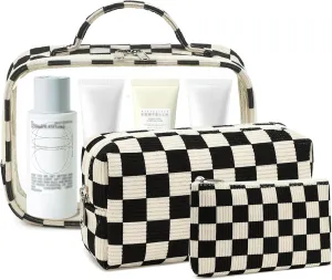 Bluboon 3Pcs Makeup Toiletry Bag for Women, Clear Packing Cubes Cosmetic Bag for Travel Women With Zipper Travel Essentials (Corduroy Black White Checkered)