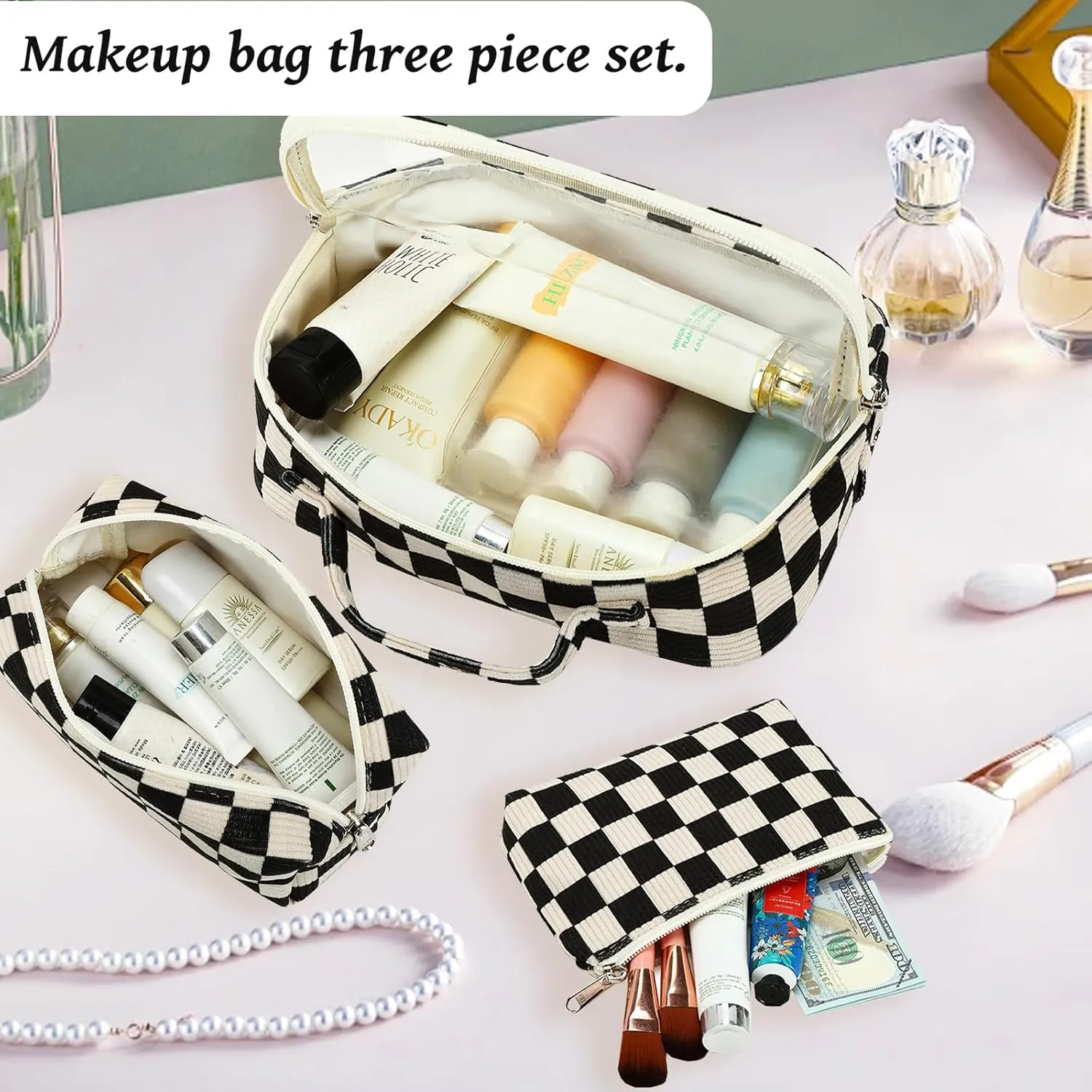 Bluboon 3Pcs Makeup Toiletry Bag for Women, Clear Packing Cubes Cosmetic Bag for Travel Women With Zipper Travel Essentials (Corduroy Black White Checkered)