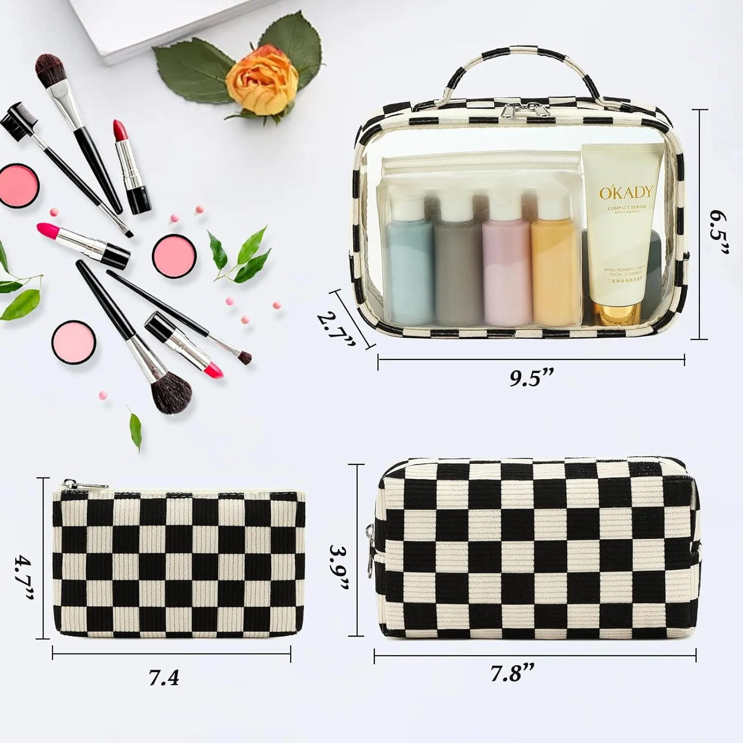 Bluboon 3Pcs Makeup Toiletry Bag for Women, Clear Packing Cubes Cosmetic Bag for Travel Women With Zipper Travel Essentials (Corduroy Black White Checkered)