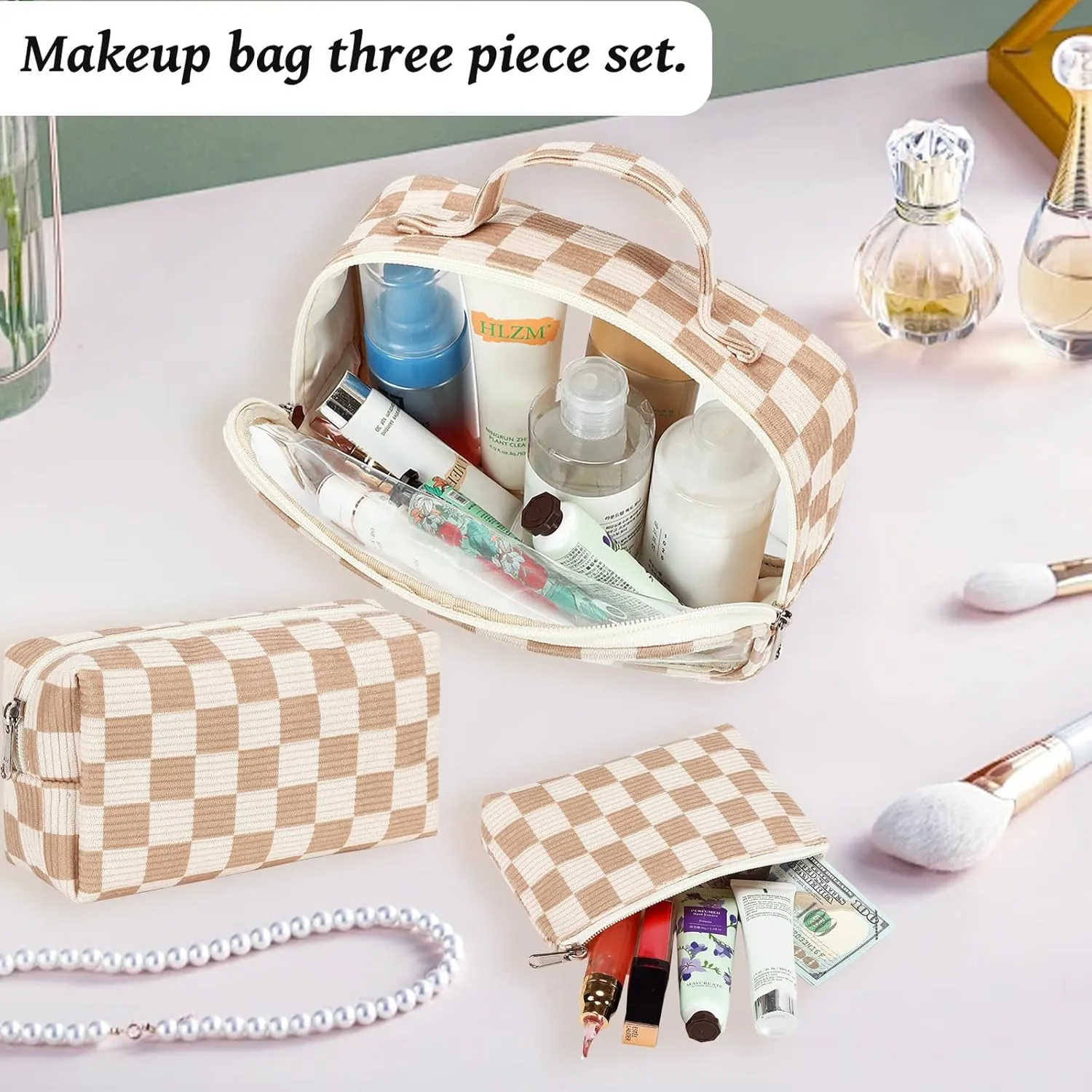 Bluboon 3Pcs Makeup Toiletry Bag for Women, Clear Packing Cubes Cosmetic Bag for Travel Women With Zipper Travel Essentials (Corduroy Checkered)