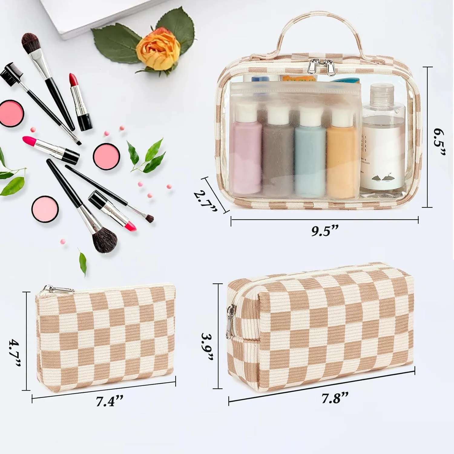 Bluboon 3Pcs Makeup Toiletry Bag for Women, Clear Packing Cubes Cosmetic Bag for Travel Women With Zipper Travel Essentials (Corduroy Checkered)