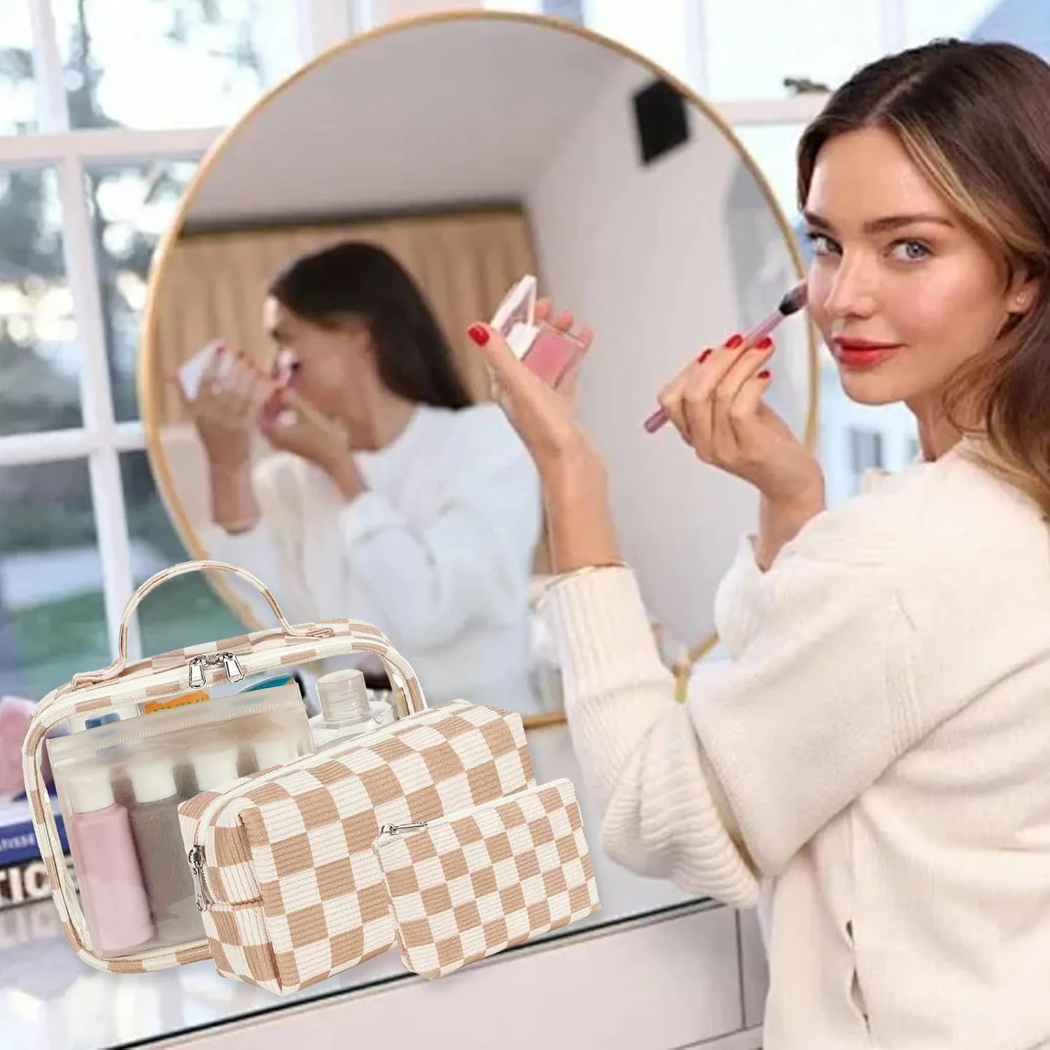 Bluboon 3Pcs Makeup Toiletry Bag for Women, Clear Packing Cubes Cosmetic Bag for Travel Women With Zipper Travel Essentials (Corduroy Checkered)