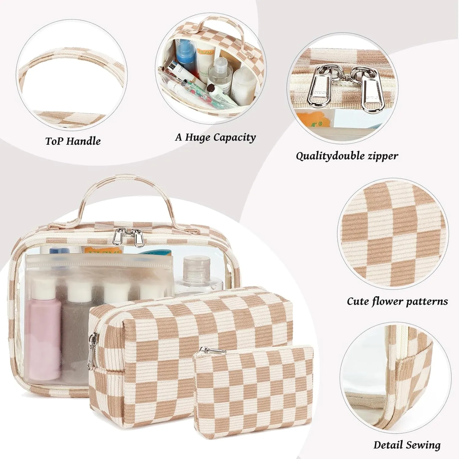 Bluboon 3Pcs Makeup Toiletry Bag for Women, Clear Packing Cubes Cosmetic Bag for Travel Women With Zipper Travel Essentials (Corduroy Checkered)