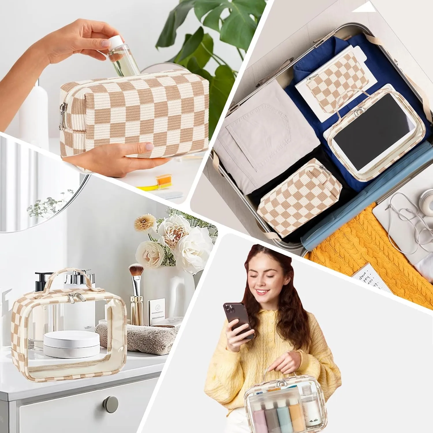 Bluboon 3Pcs Makeup Toiletry Bag for Women, Clear Packing Cubes Cosmetic Bag for Travel Women With Zipper Travel Essentials (Corduroy Checkered)