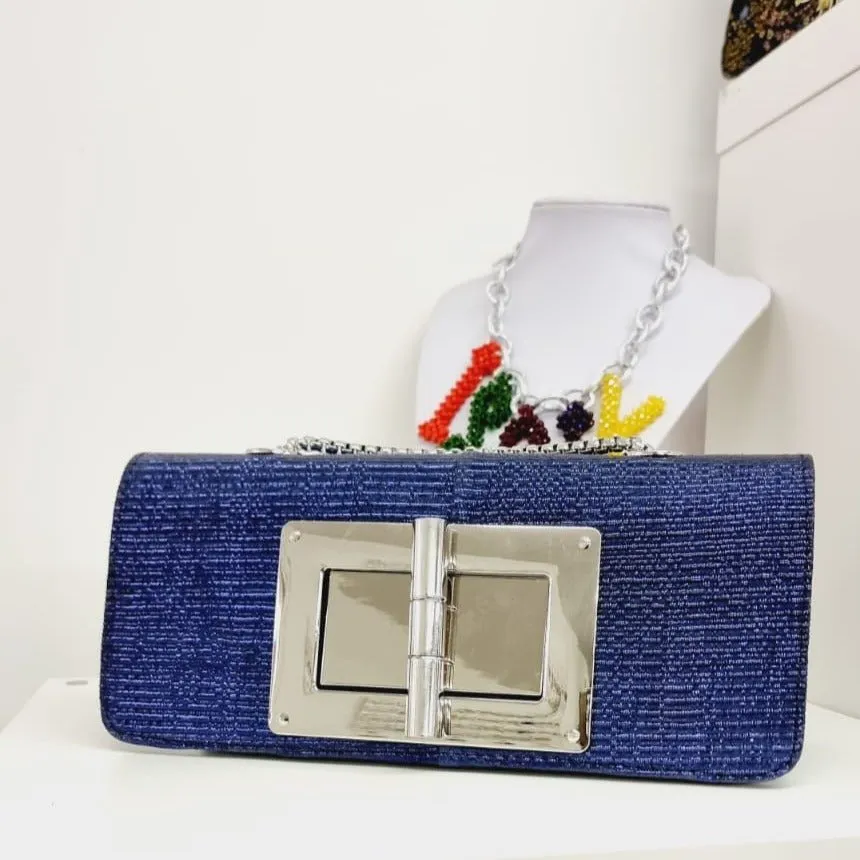 Blue Damask Fabric Evening Purse