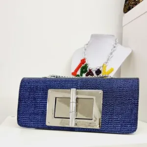 Blue Damask Fabric Evening Purse