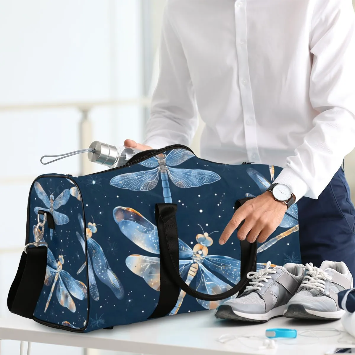 Blue Dragonfly Travel Duffle Bag for Women Men Gym Duffel Foldable Bag Waterproof Weekender Dragonfly Animals Duffle Tote