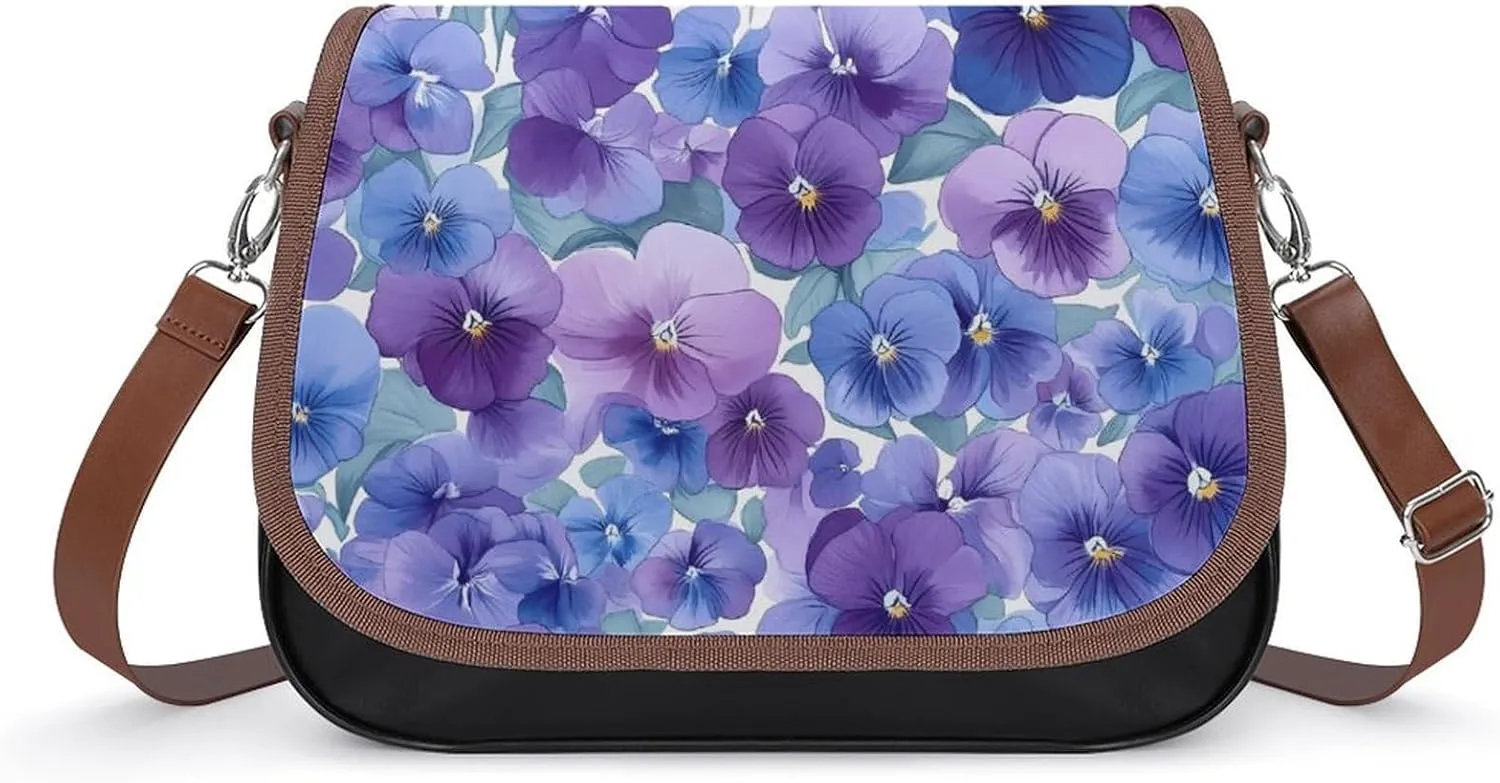 Blue Purple Pansies Crossbody Bags for Women Shoulder Bag Flap Handbags Leather Cross Body Purse