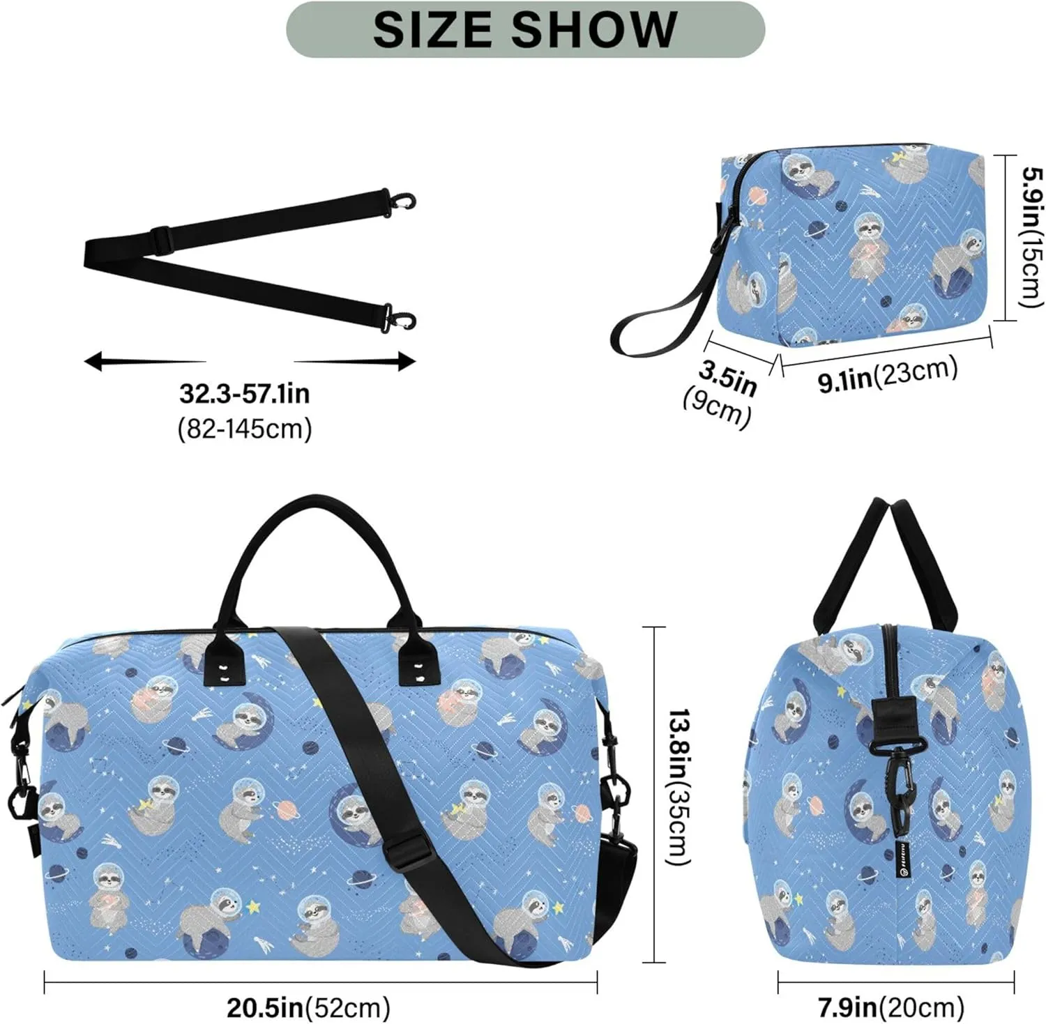 Blue Sloth Planet Duffel Bag for Travel Makeup Bag Set, Decorative Sports Dance Bag Carry on Bag