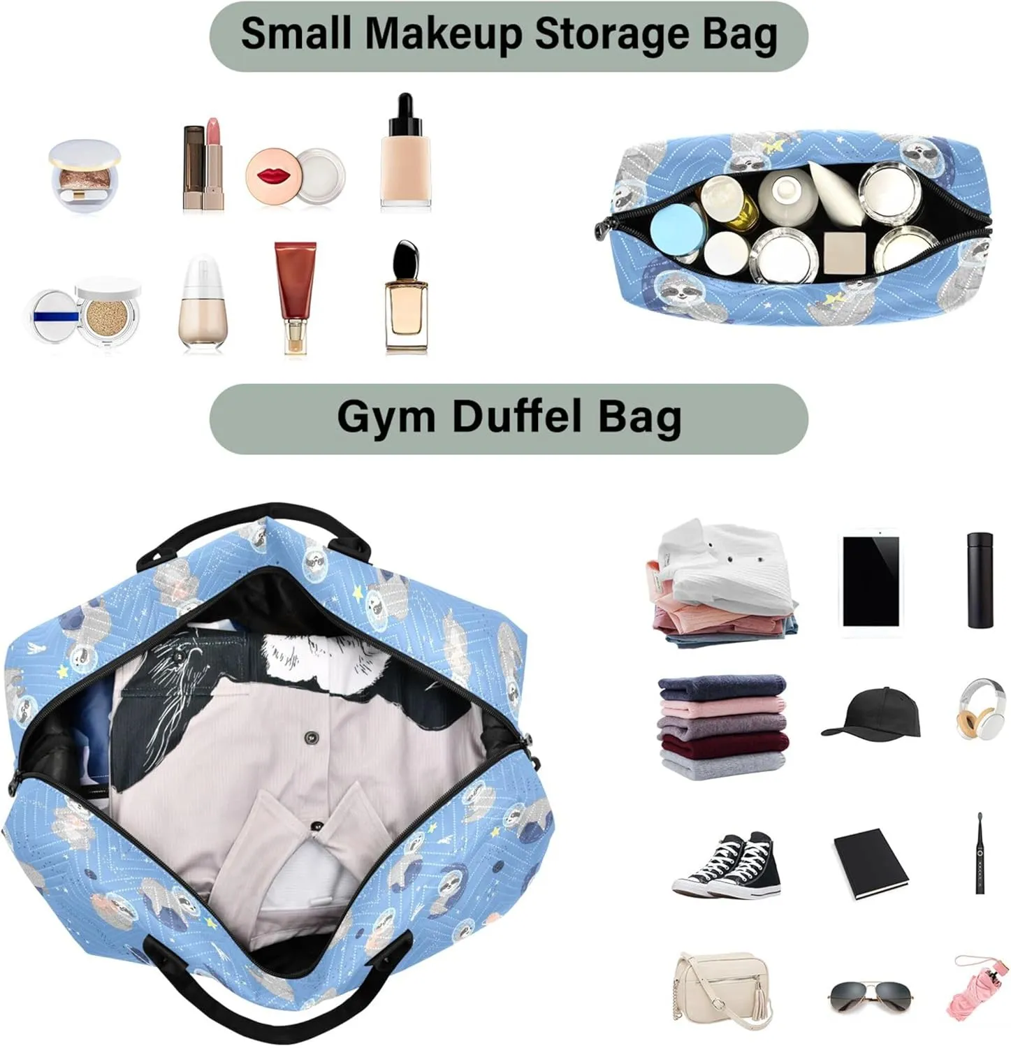 Blue Sloth Planet Duffel Bag for Travel Makeup Bag Set, Decorative Sports Dance Bag Carry on Bag