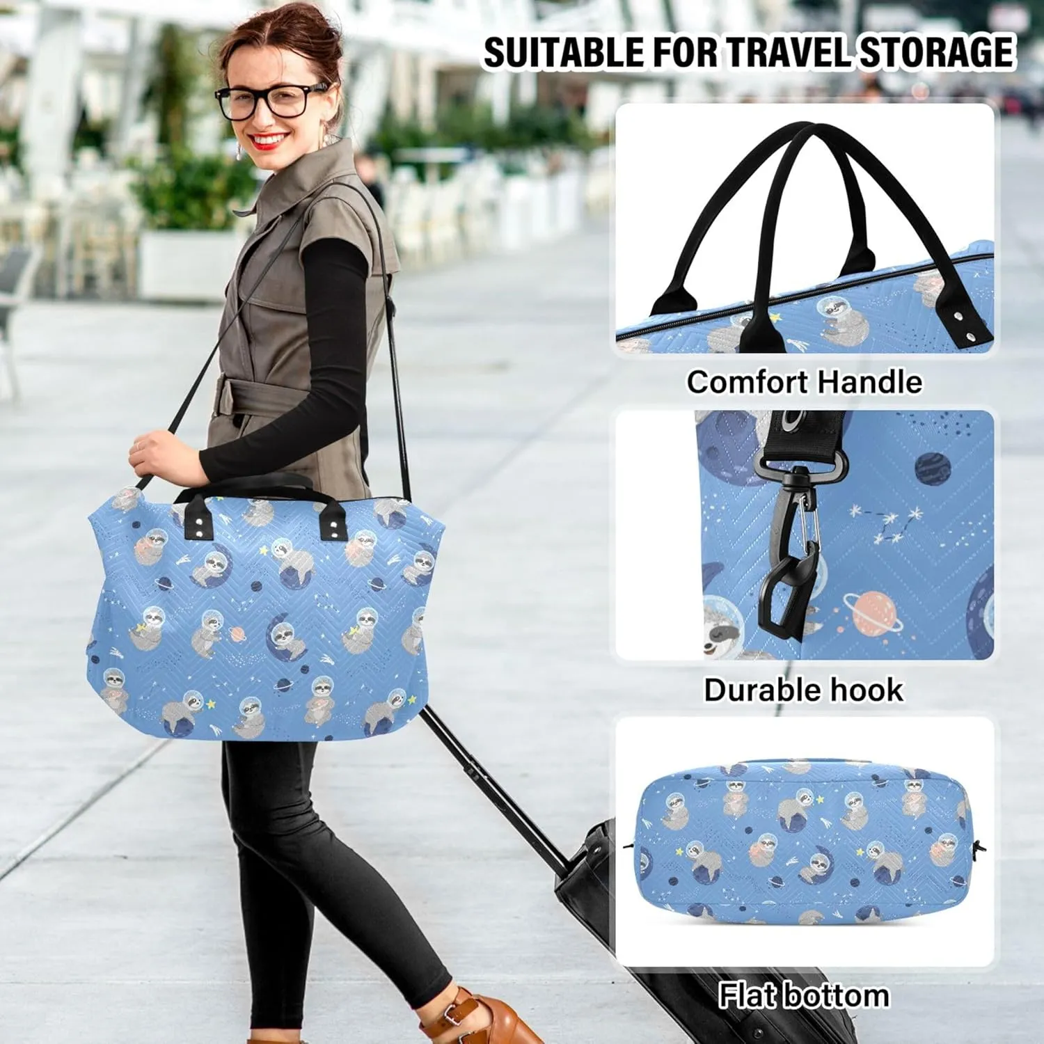 Blue Sloth Planet Duffel Bag for Travel Makeup Bag Set, Decorative Sports Dance Bag Carry on Bag