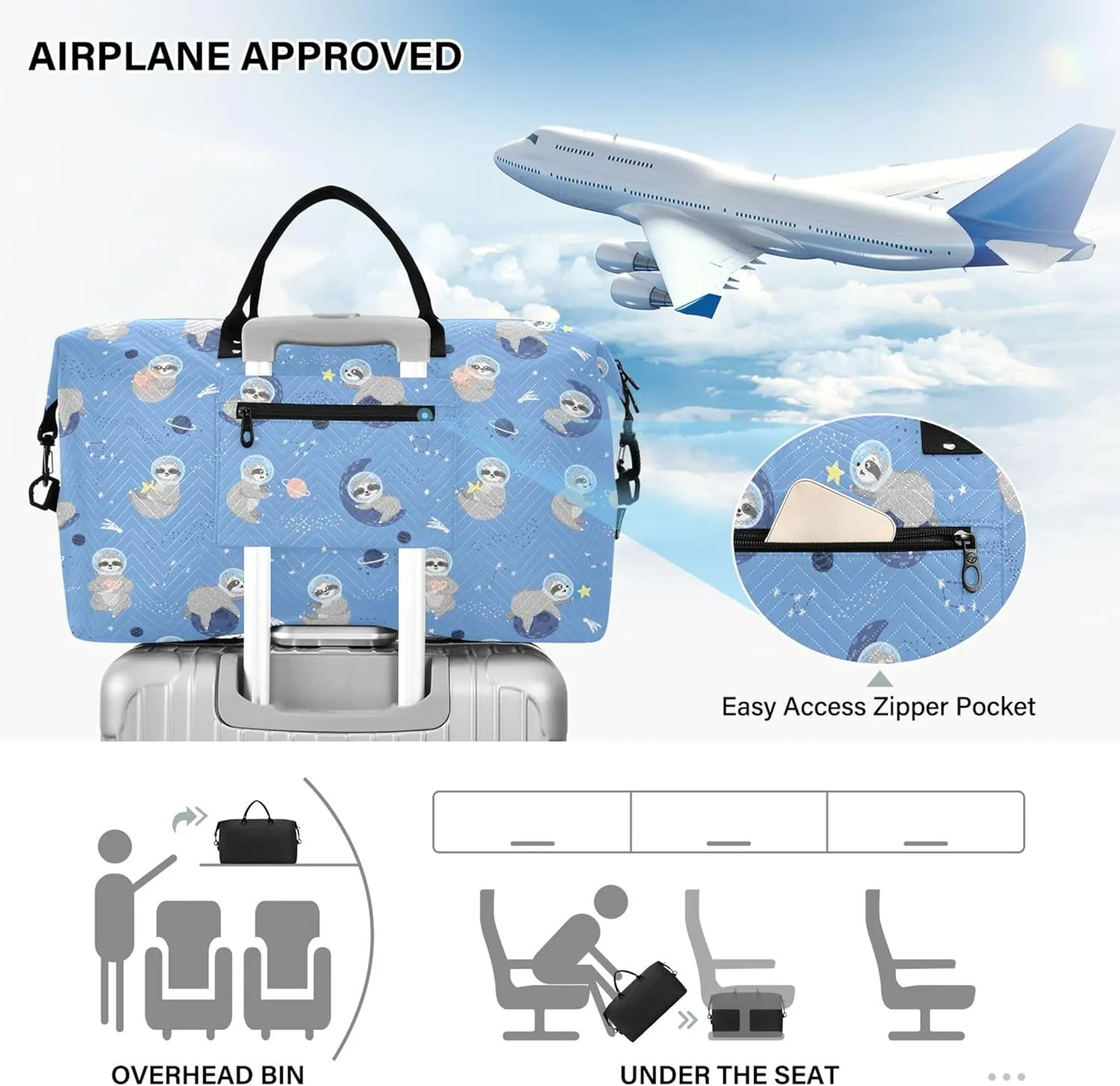 Blue Sloth Planet Duffel Bag for Travel Makeup Bag Set, Decorative Sports Dance Bag Carry on Bag
