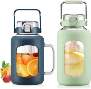 BLUEGO 64oz and 84oz Glass Water Bottles Bundle(64 DBlue   84 LGreen) with Straw and Lids Handle Large Water Tumbler with Sleeve, Glass Water Container, 2 Liter Water Jug Glass, BPA Free