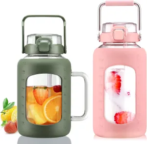 BLUEGO 64oz and 84oz Glass Water Bottles Bundle(64 Olive   84 Pink) with Straw and Lids Handle Large Water Tumbler with Sleeve, Glass Water Container, 2 Liter Water Jug Glass, BPA Free