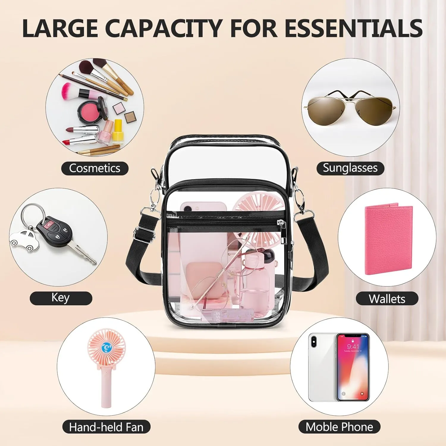 Blvornl Clear Crossbody Bag with Adjustable Shoulder Strap, Stadium Approved PVC Clear Purse Bag, Clear Messenger Bag