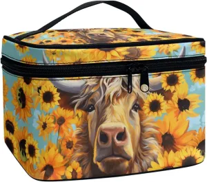Boatee Multifunctional Sunflower Highland Cow Makeup Bag Tote Cosmetic Case with Carry Handle for Women Ladies Gift Toiletry Accessories