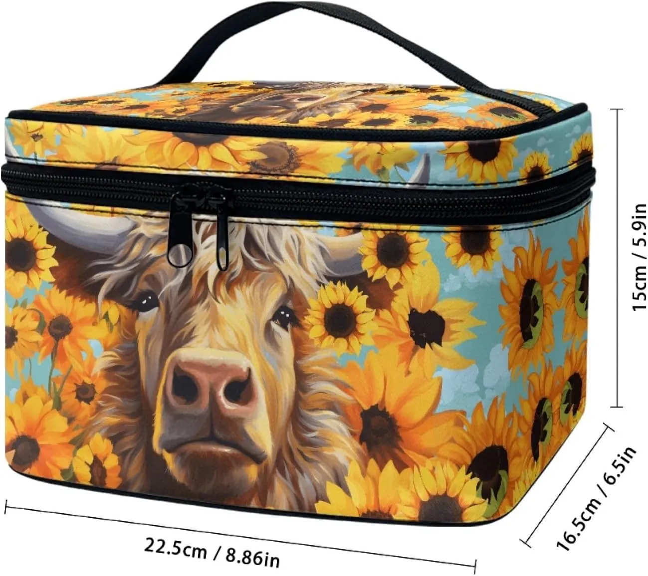 Boatee Multifunctional Sunflower Highland Cow Makeup Bag Tote Cosmetic Case with Carry Handle for Women Ladies Gift Toiletry Accessories