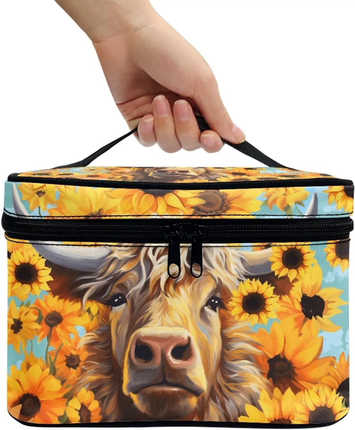 Boatee Multifunctional Sunflower Highland Cow Makeup Bag Tote Cosmetic Case with Carry Handle for Women Ladies Gift Toiletry Accessories