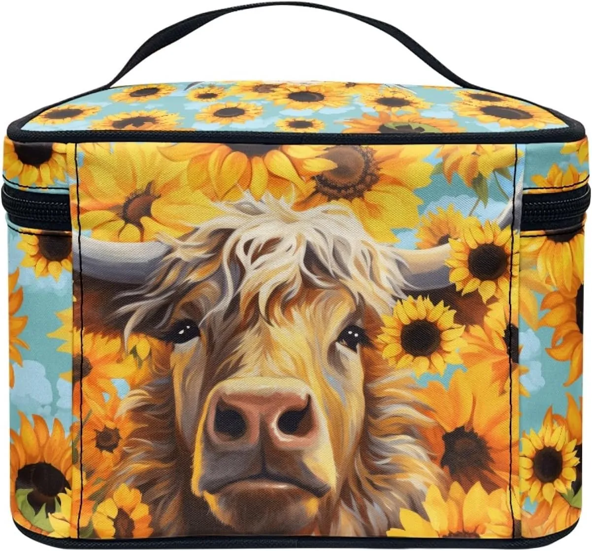 Boatee Multifunctional Sunflower Highland Cow Makeup Bag Tote Cosmetic Case with Carry Handle for Women Ladies Gift Toiletry Accessories