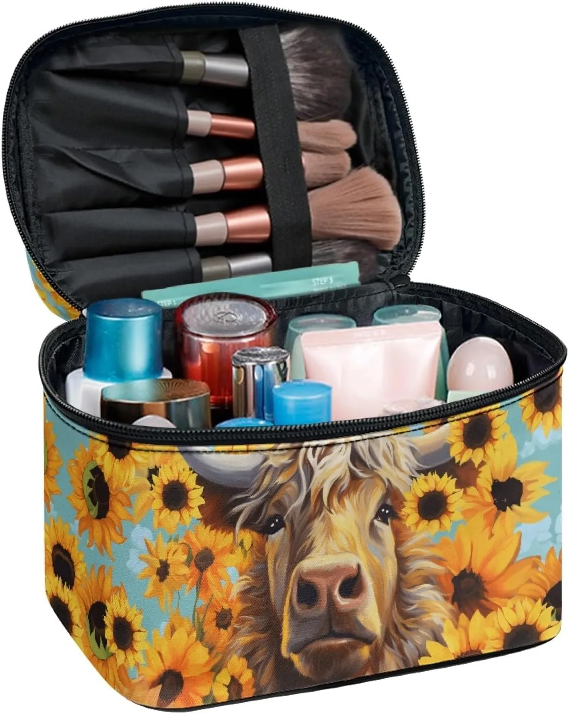 Boatee Multifunctional Sunflower Highland Cow Makeup Bag Tote Cosmetic Case with Carry Handle for Women Ladies Gift Toiletry Accessories