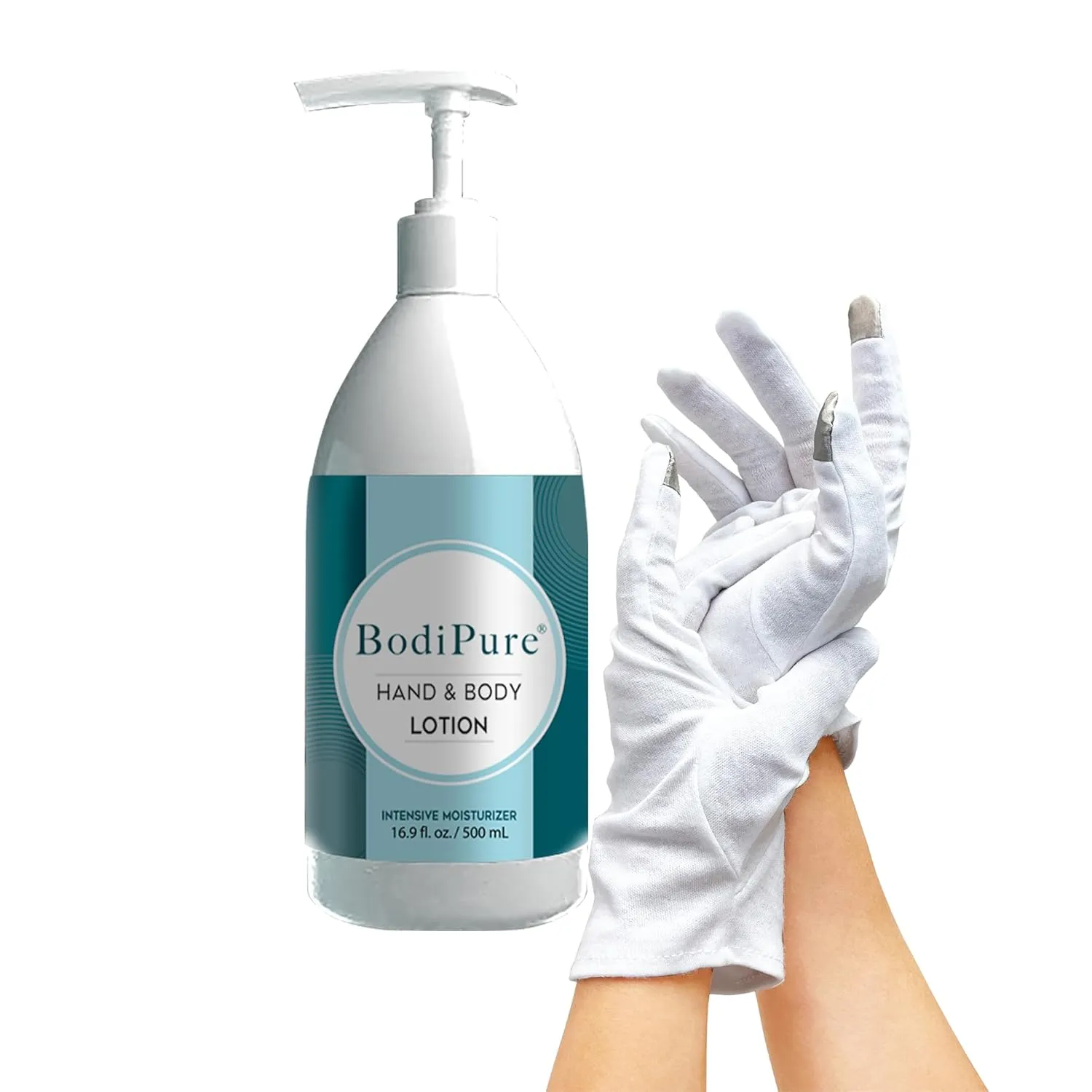 Bodipure Hand and Body Lotion 16.9 oz 2 packs, Vegetable Collagen Booster Lotion with 2 Free Touchscreen Cotton Gloves for Deep Overnight Moisture for Dry, Sensitive, and All Skin Type 2 pack