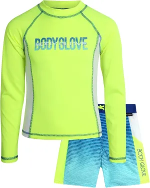 Body Glove Boys Swim Set - 2 Piece Boys Swim Trunks with Rash Guard UV Protection Swimsuit Kids Bathing Suits (Sizes 4-12)