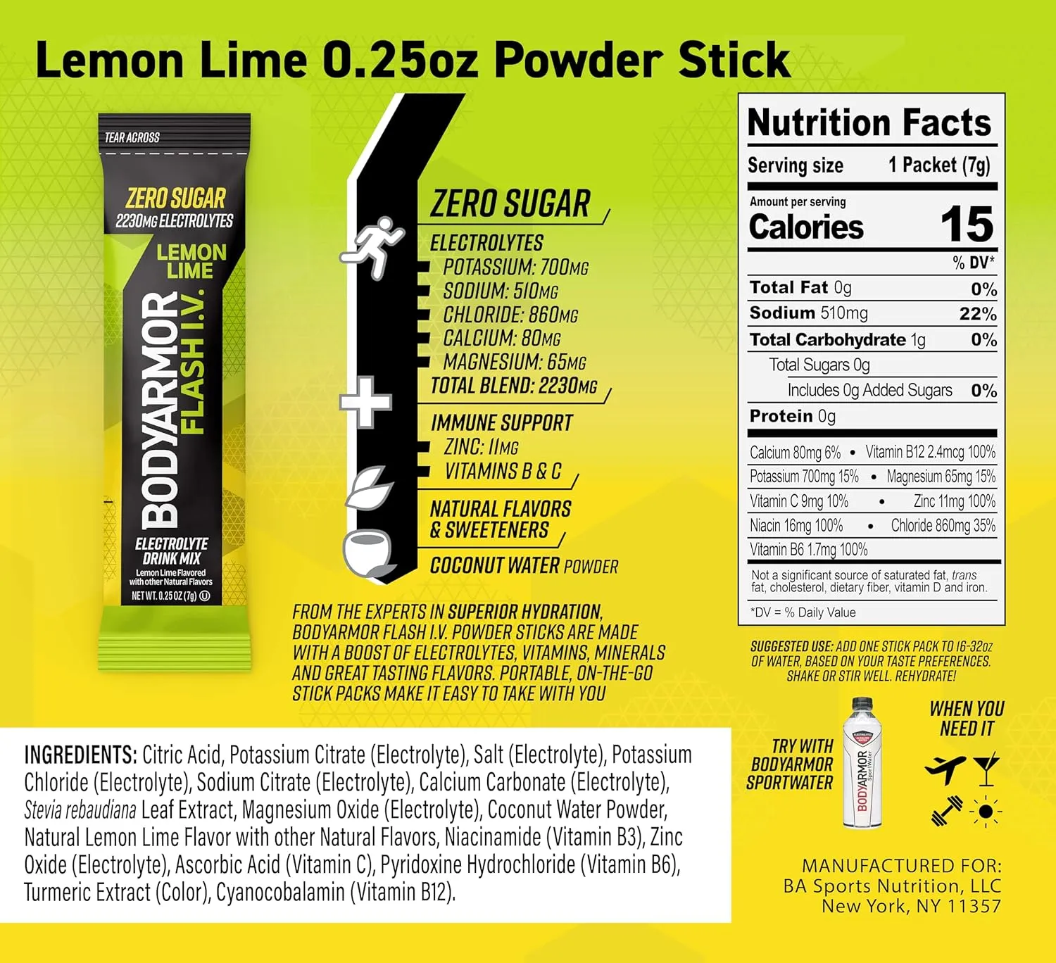 BODYARMOR Flash IV Electrolyte Packets, Strawberry Kiwi, Lemon Lime, & Tropical Punch Variety Pack - Zero Sugar Drink Mix, Single Serve Packs, Coconut Water Powder (15 Count)