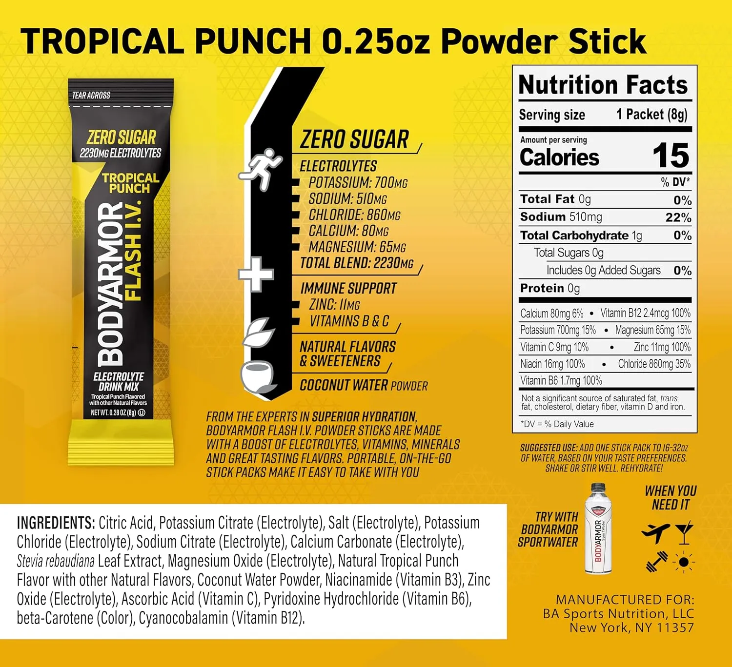 BODYARMOR Flash IV Electrolyte Packets, Strawberry Kiwi, Lemon Lime, & Tropical Punch Variety Pack - Zero Sugar Drink Mix, Single Serve Packs, Coconut Water Powder (15 Count)