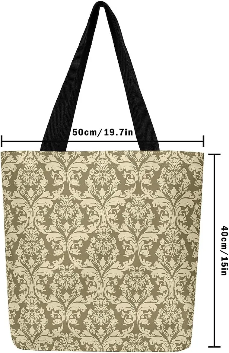 Boho Floral Canvas Tote Bag Victorian Foldable Beach Bag,Gothic Paisley Casual Reusable Handbag for Women