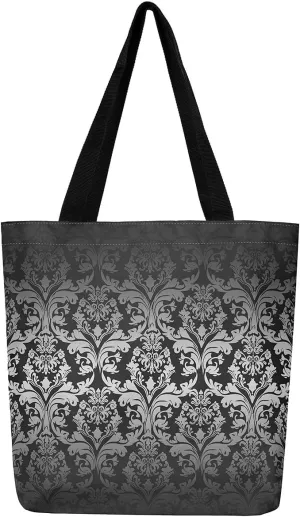 Boho Floral Canvas Tote Bag Victorian Foldable Beach Bag,Gothic Paisley Casual Reusable Handbag for Women