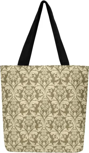Boho Floral Canvas Tote Bag Victorian Foldable Beach Bag,Gothic Paisley Casual Reusable Handbag for Women