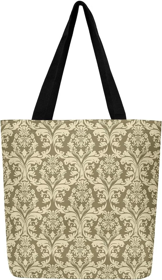Boho Floral Canvas Tote Bag Victorian Foldable Beach Bag,Gothic Paisley Casual Reusable Handbag for Women