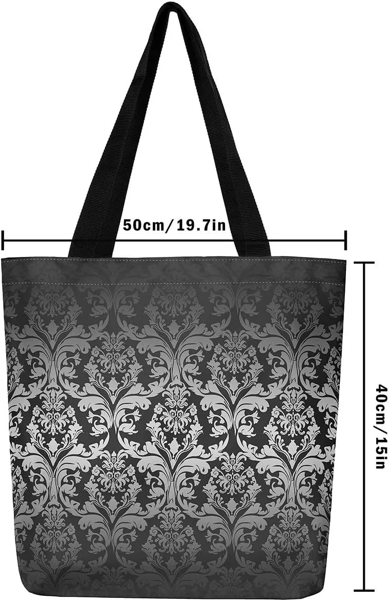 Boho Floral Canvas Tote Bag Victorian Foldable Beach Bag,Gothic Paisley Casual Reusable Handbag for Women
