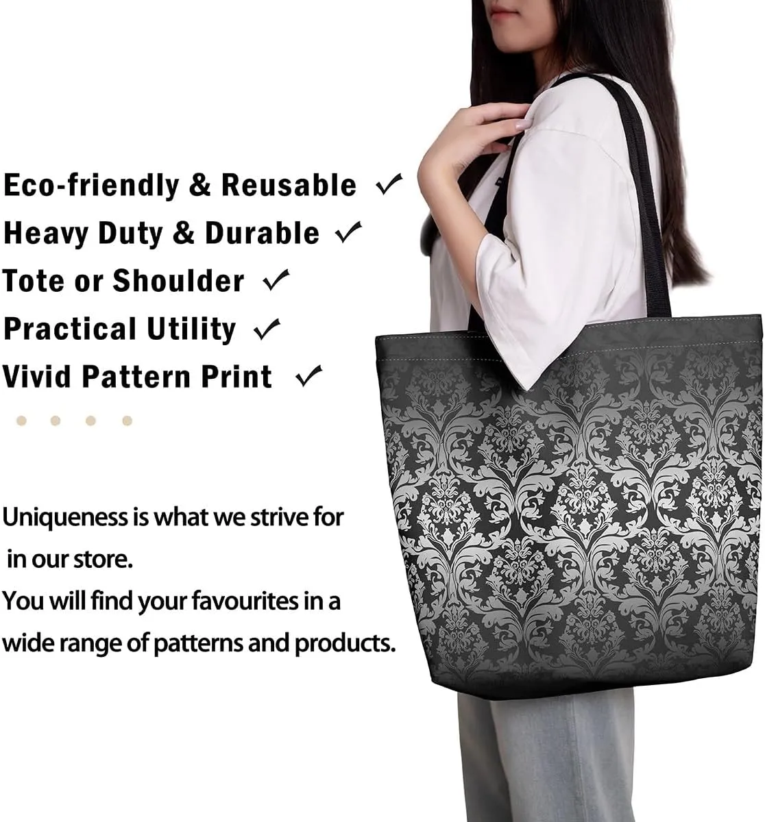Boho Floral Canvas Tote Bag Victorian Foldable Beach Bag,Gothic Paisley Casual Reusable Handbag for Women