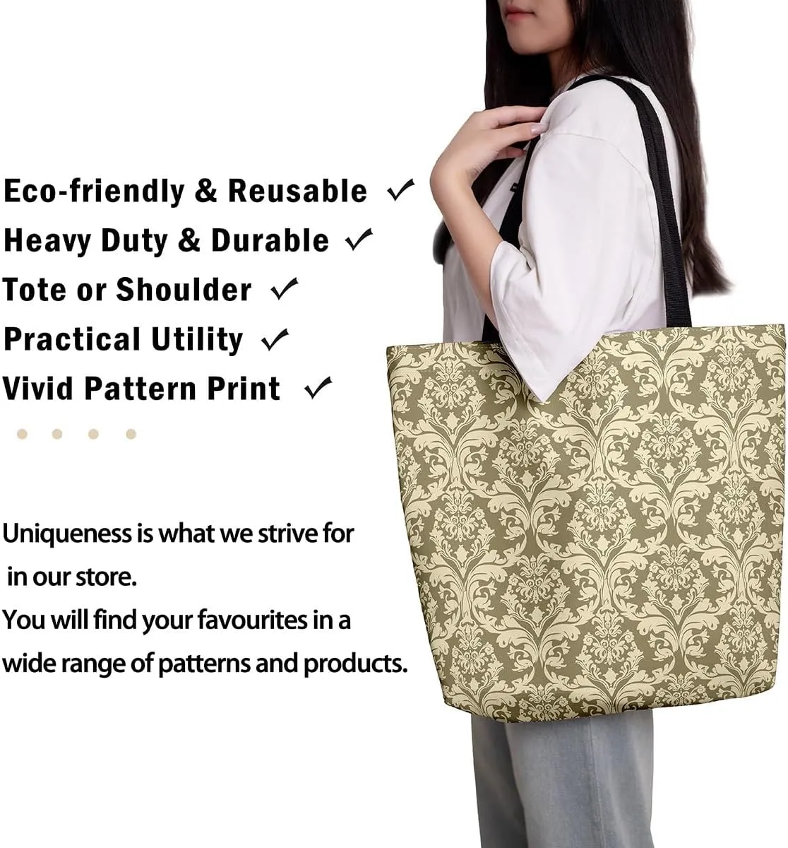 Boho Floral Canvas Tote Bag Victorian Foldable Beach Bag,Gothic Paisley Casual Reusable Handbag for Women