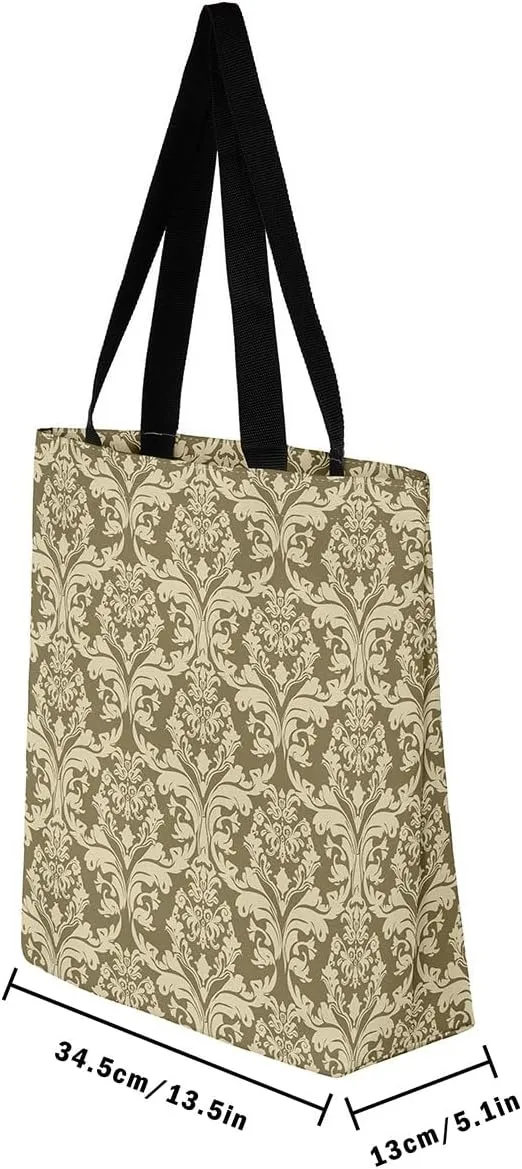 Boho Floral Canvas Tote Bag Victorian Foldable Beach Bag,Gothic Paisley Casual Reusable Handbag for Women