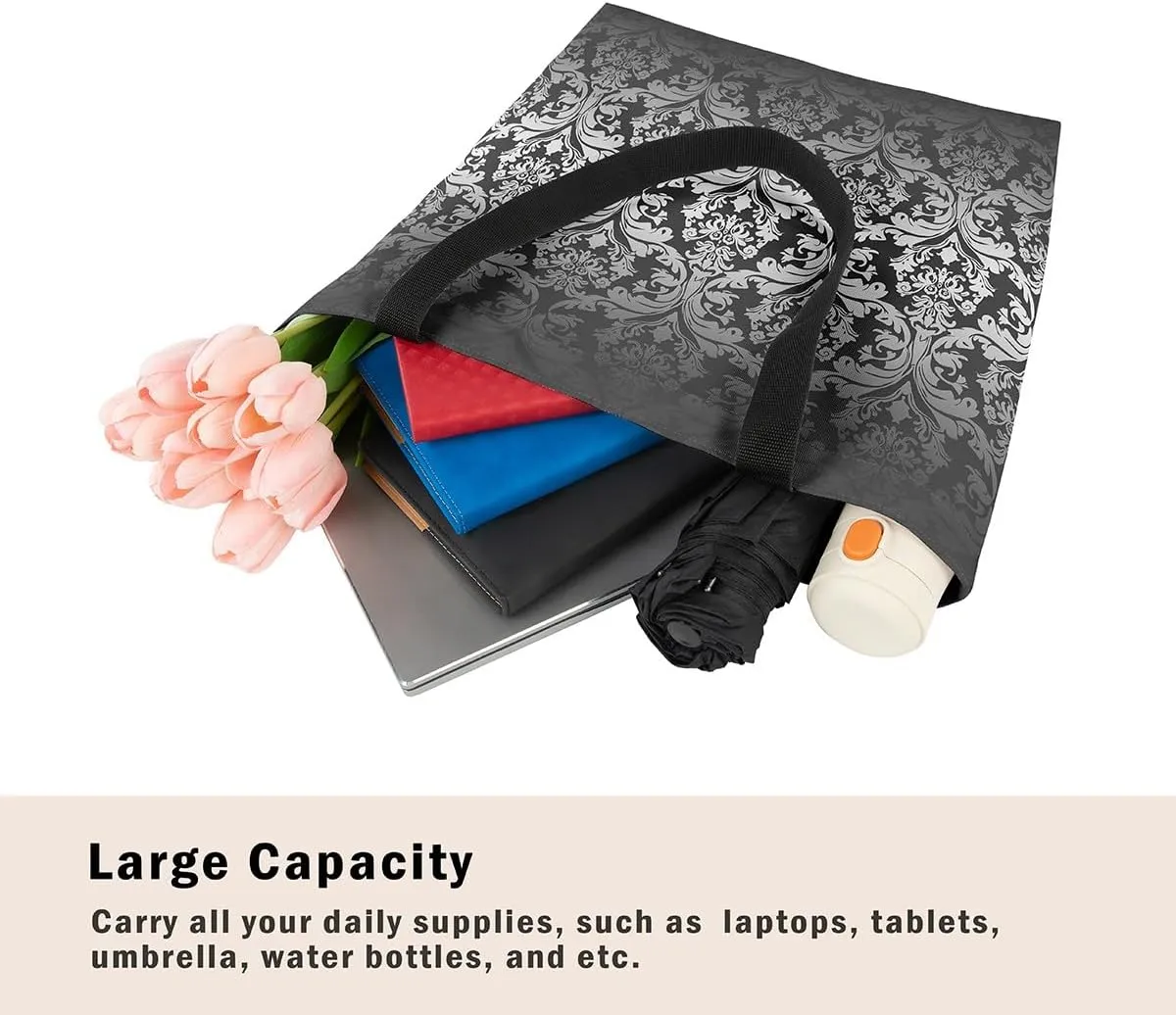 Boho Floral Canvas Tote Bag Victorian Foldable Beach Bag,Gothic Paisley Casual Reusable Handbag for Women