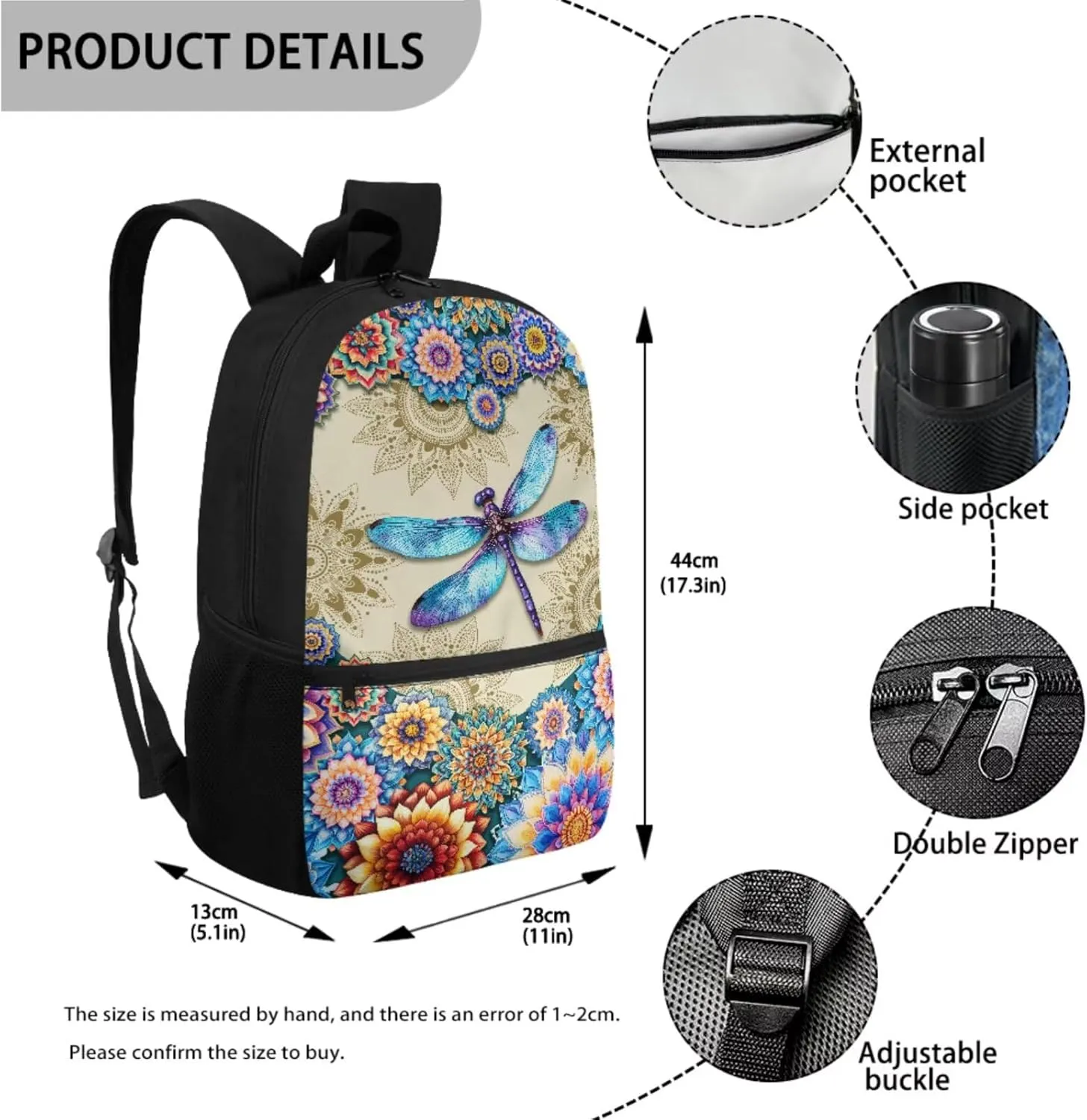 Boho Mandala Dragonfly Print Backpack for Girls Boys 3 In 1 School Bookbag Set with Lunch Bag and Pencil Case Large Capacity Schoolbags Casual Back Packs Satchel Teens Outdoor Rucksack