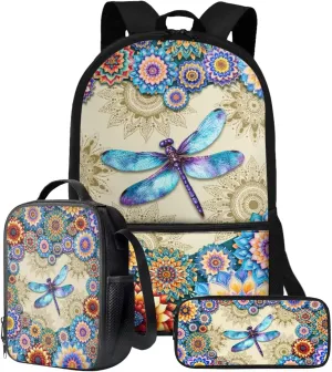 Boho Mandala Dragonfly Print Backpack for Girls Boys 3 In 1 School Bookbag Set with Lunch Bag and Pencil Case Large Capacity Schoolbags Casual Back Packs Satchel Teens Outdoor Rucksack