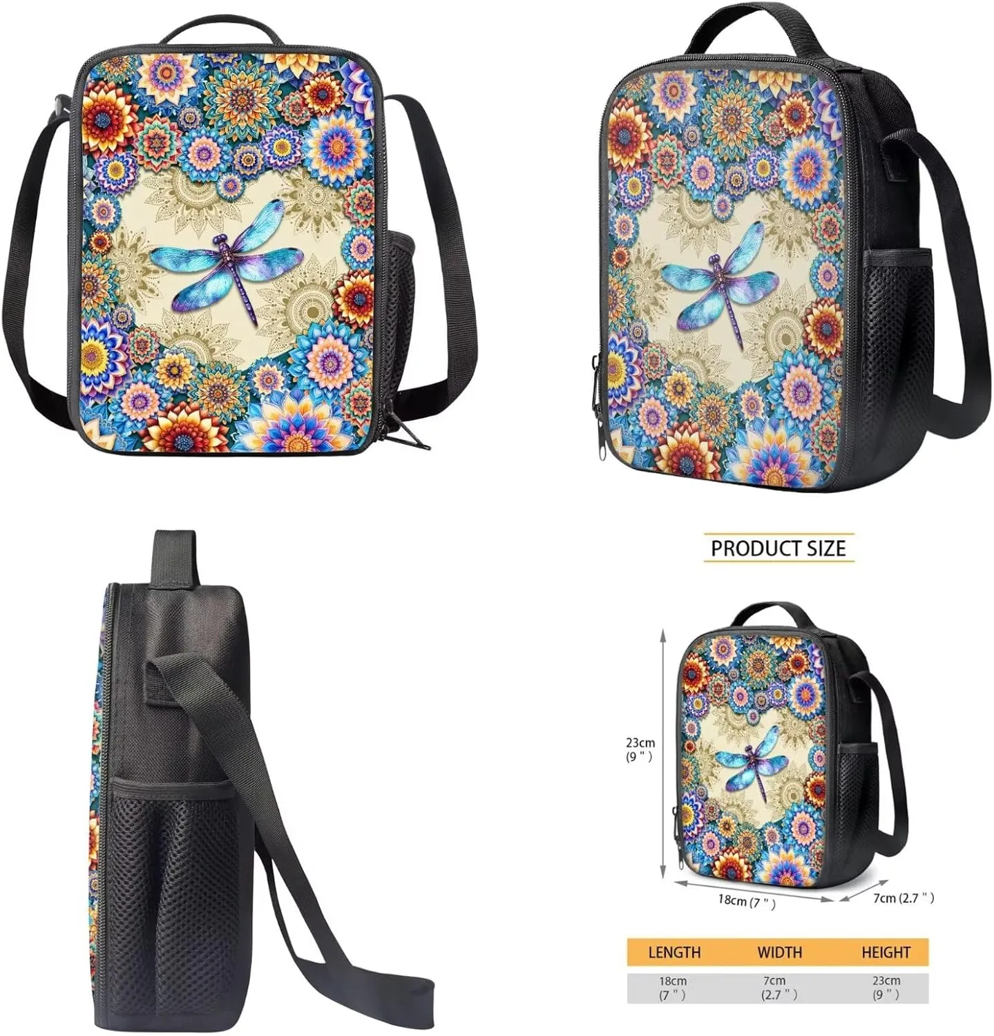 Boho Mandala Dragonfly Print Backpack for Girls Boys 3 In 1 School Bookbag Set with Lunch Bag and Pencil Case Large Capacity Schoolbags Casual Back Packs Satchel Teens Outdoor Rucksack