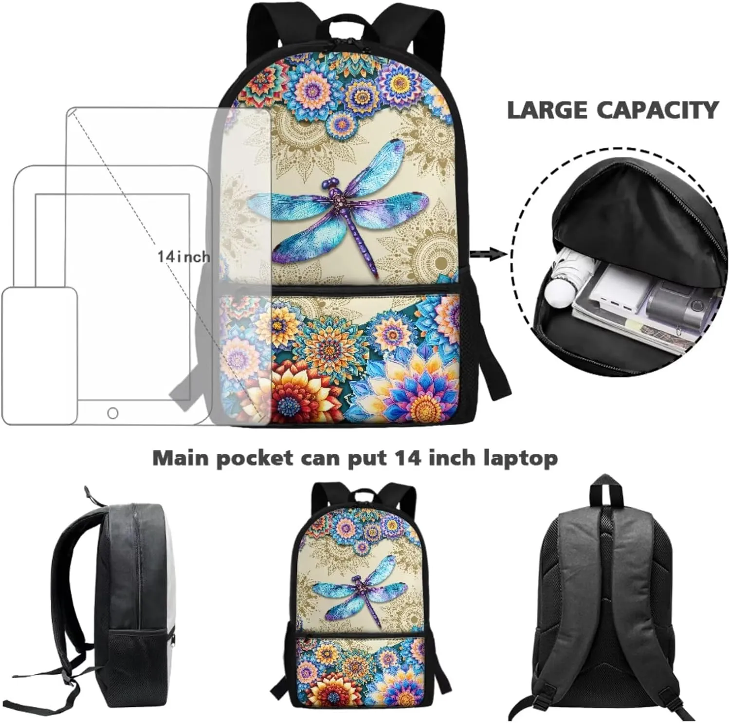 Boho Mandala Dragonfly Print Backpack for Girls Boys 3 In 1 School Bookbag Set with Lunch Bag and Pencil Case Large Capacity Schoolbags Casual Back Packs Satchel Teens Outdoor Rucksack