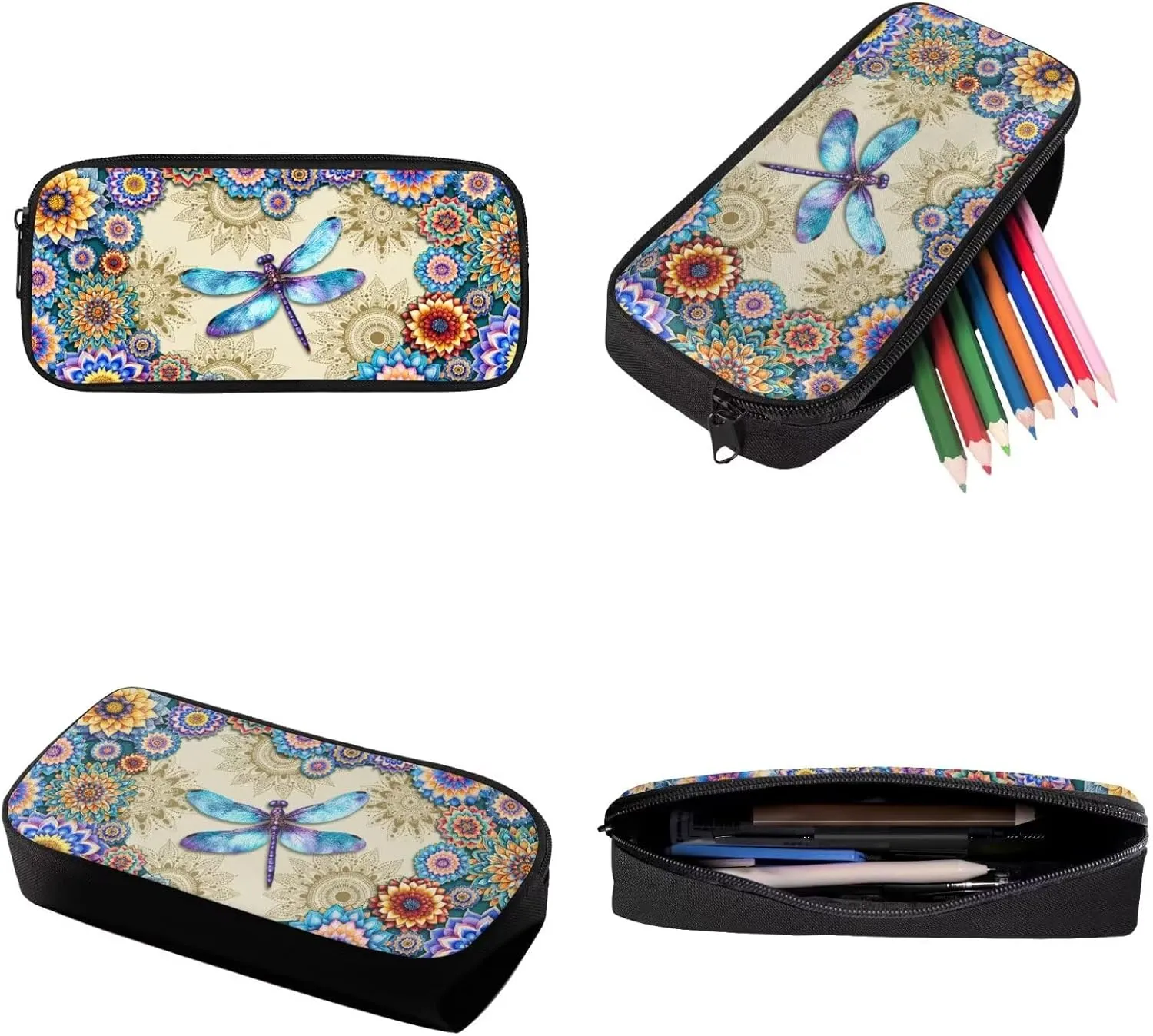 Boho Mandala Dragonfly Print Backpack for Girls Boys 3 In 1 School Bookbag Set with Lunch Bag and Pencil Case Large Capacity Schoolbags Casual Back Packs Satchel Teens Outdoor Rucksack