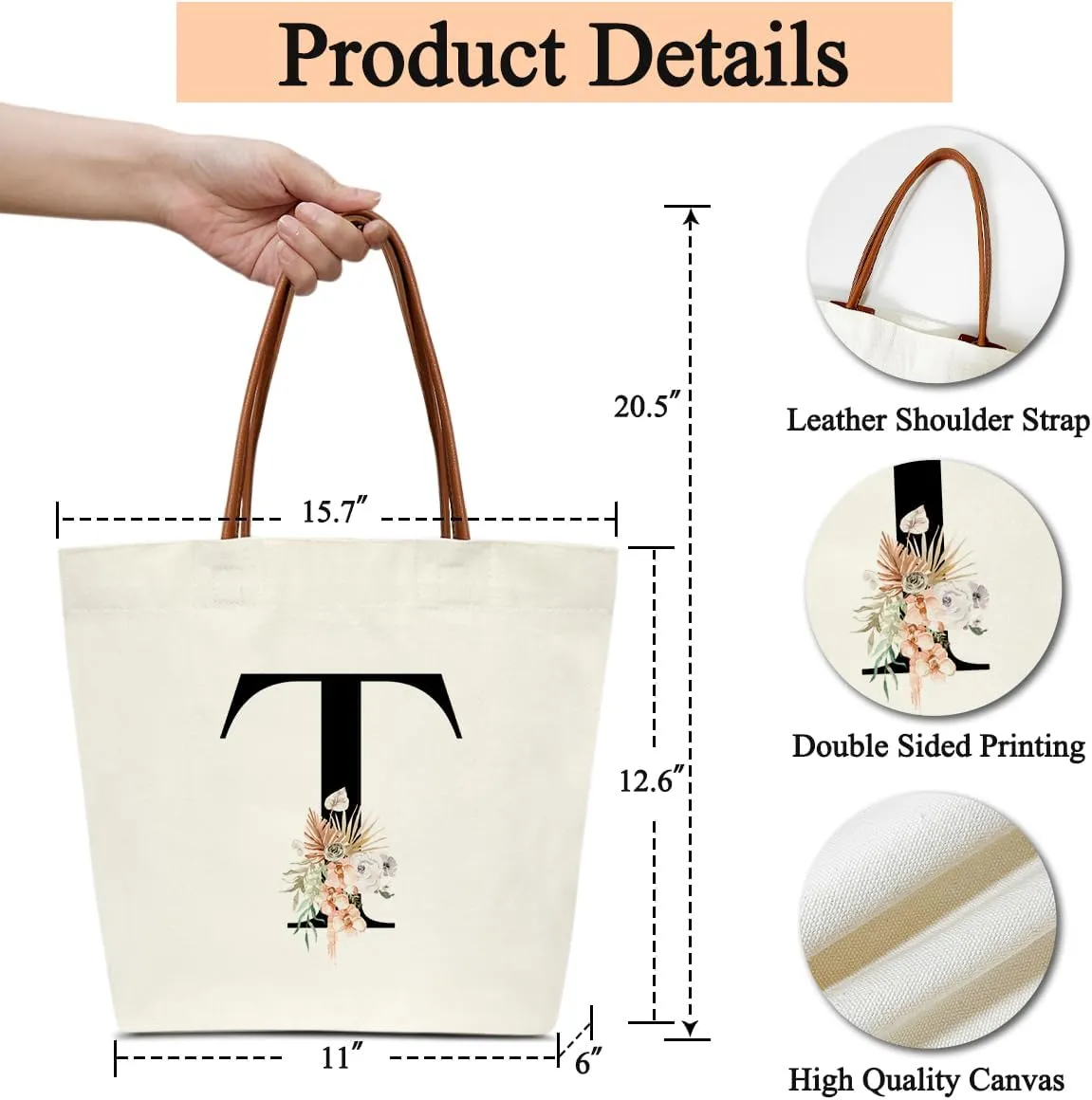 Boho Monogram Initial T Tote Bags for Women, Personalized Canvas Tote Bags Monogrammed Gifts for Women Birthday Wedding Gifts for Mom Sister Teacher Friend Bridesmaid, Beach Bag Shopping Handbag -ZM19